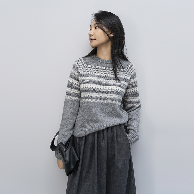 MD秋冬气质灰色图案针织衫毛衣