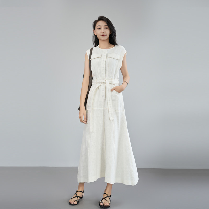 纯元少量 高个子MD女装 港风无袖白色亚麻牛仔蓝收腰长款连衣裙夏