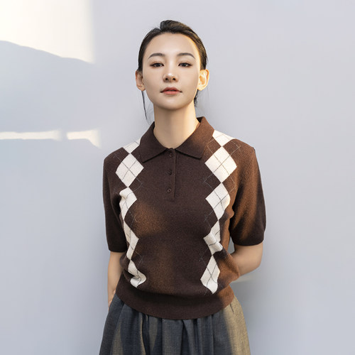 MD短袖菱形纹针织马球衫撞色毛衣