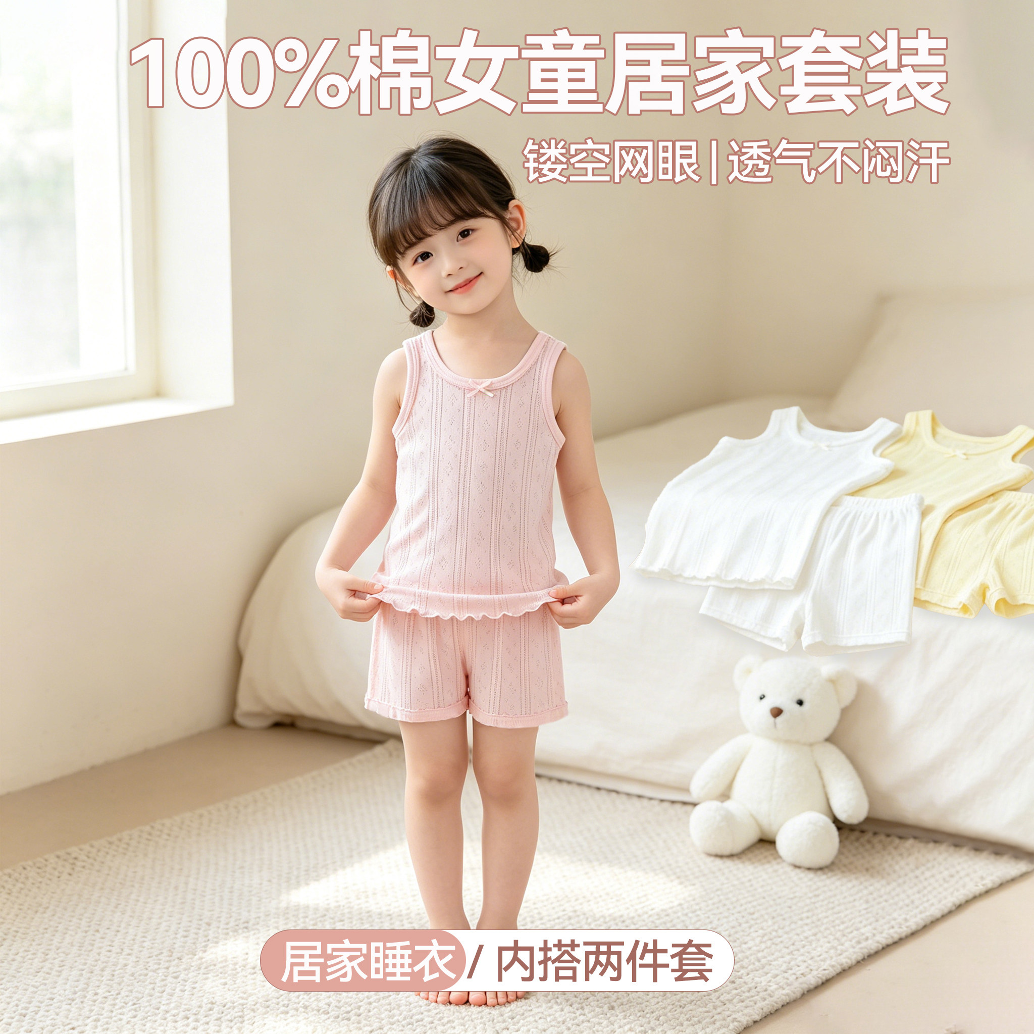100%棉女童背心短裤套装镂空网眼