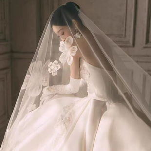 奢华重工复古蕾丝花朵主婚纱头纱新娘结婚领证超大拖尾森系长头饰