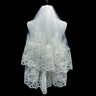 新娘结婚主婚纱头纱双层蕾丝亮片领证登记拍照头纱头饰短款带发梳