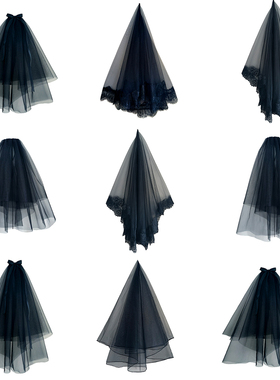 万圣节复古黑色头纱哥特式短款蕾丝头纱派对COS拍照道具头纱配饰