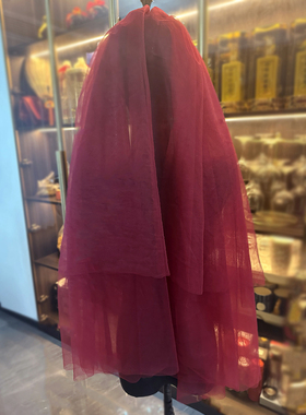 新娘结婚主婚纱头纱秀禾服红色头纱配饰复古酒红色双层拍照头纱