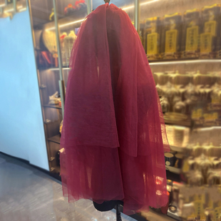 新娘结婚主婚纱头纱秀禾服红色头纱配饰复古酒红色双层拍照头纱