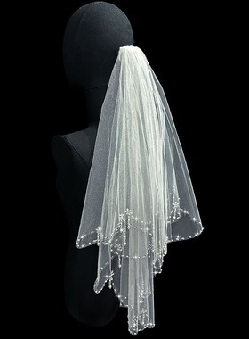 新娘结婚主婚纱头纱双层短款珍珠头纱领证登记结婚拍照道具头纱