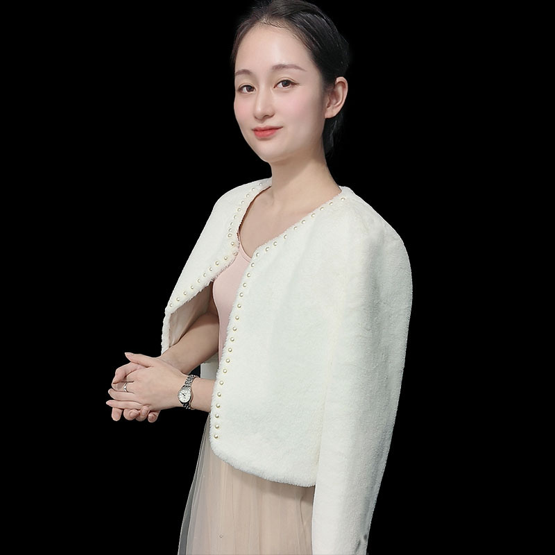 新款新娘结婚长袖毛披肩手工钉珠秋冬保暖披肩旗袍婚纱礼服外搭
