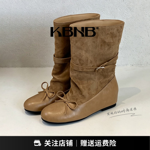 秋冬复古磨砂内增高蝴蝶结短靴女