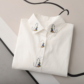小猫咪领口门襟刺绣小蓝花橘花设计感长袖白衬衫休闲文艺衬衣上衣