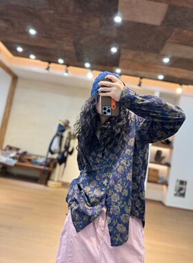 忆古朴拙春秋复古立领丝绵百搭印花衬衫港风长袖衬衫240810