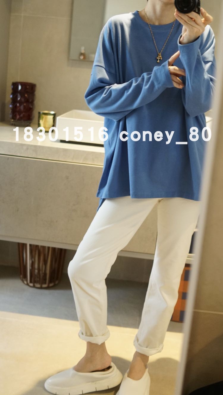 落肩廓形全棉女长袖圆领T恤