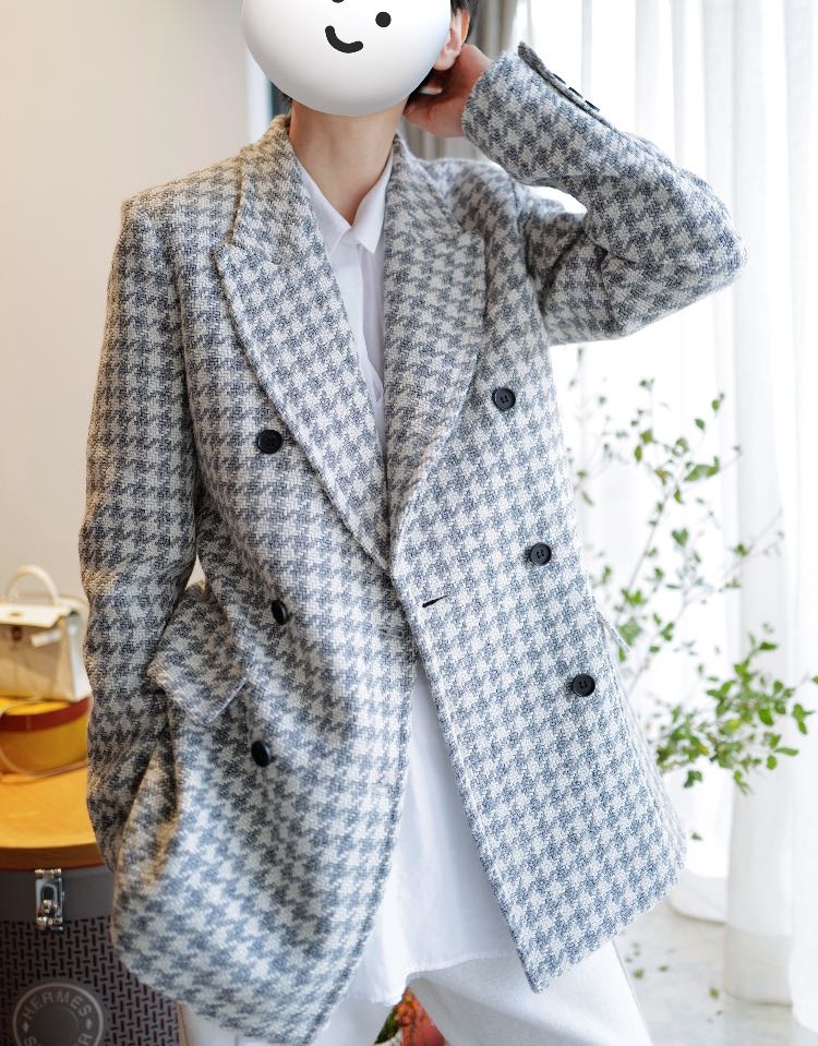 羊驼混纺编织格长袖中长款西装