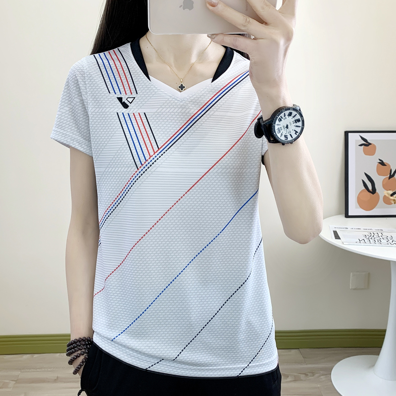 速干T恤女V领户外羽毛球服修身显瘦透气运动吸汗短袖排球乒乓球衣
