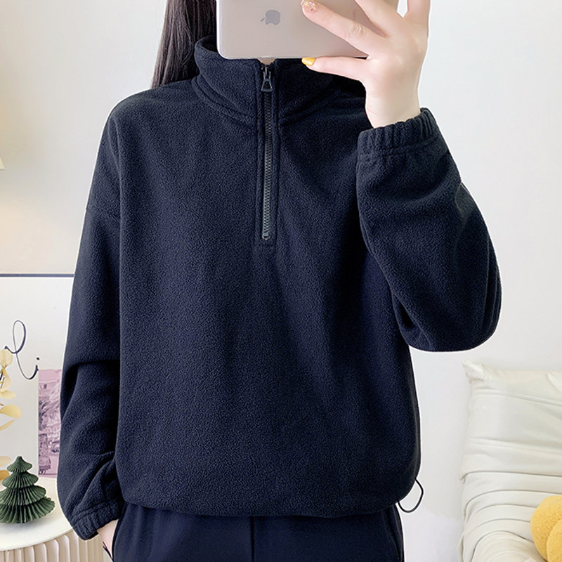 宽松大码摇粒绒抓绒衣女户外跑步运动保暖半开套头休闲卫衣外套男