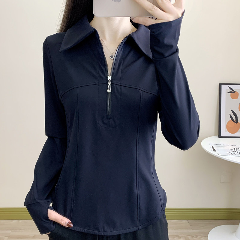 春秋跑步速干上衣胖MM瑜伽服长袖T恤女显瘦翻领套头大码健身外套