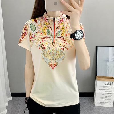 印花速干t恤女装立领运动短袖