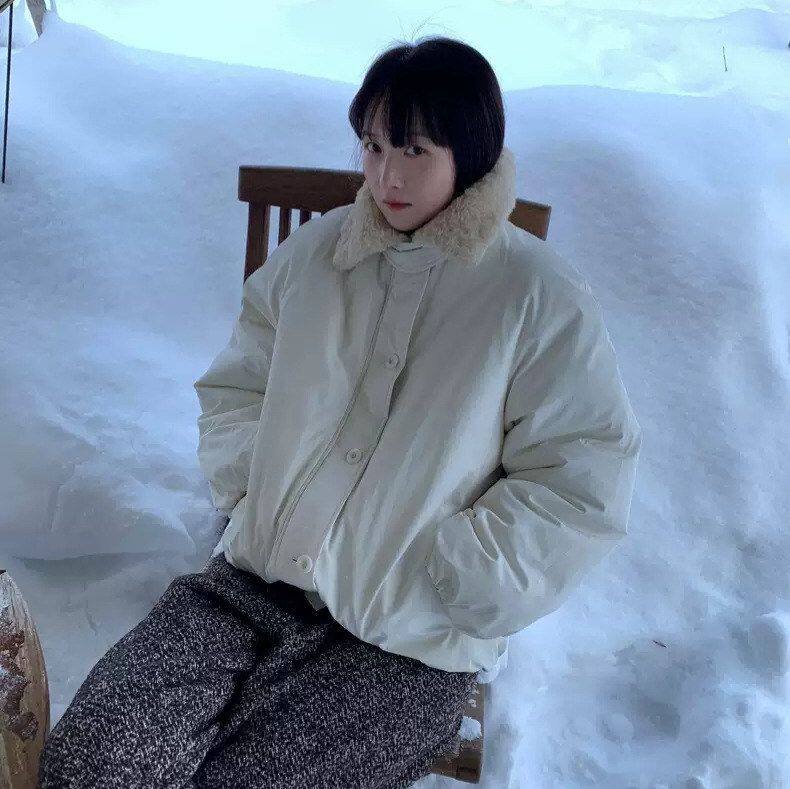 2026春季新款韩国东大门le*obe宽松毛毛翻领拉链夹克棉服外套