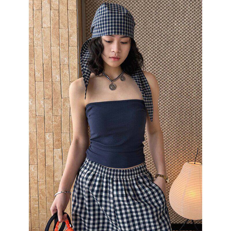 春夏新款美式松弛辣妹风莼色修身显瘦抹胸酷感舒适上衣女