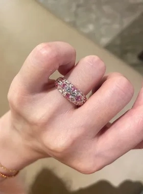 时尚彩宝S925老钱轻奢戒指风指环满镶纯银帕拉伊巴红刚玉间钻女士