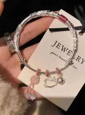繁花似锦百搭手镯情侣爆款kitty猫蝴蝶银手镯小众闺蜜女开口