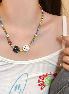 2023年手工串珠小猫陶瓷项链女夏2023年新款锁骨链网红卡通配饰