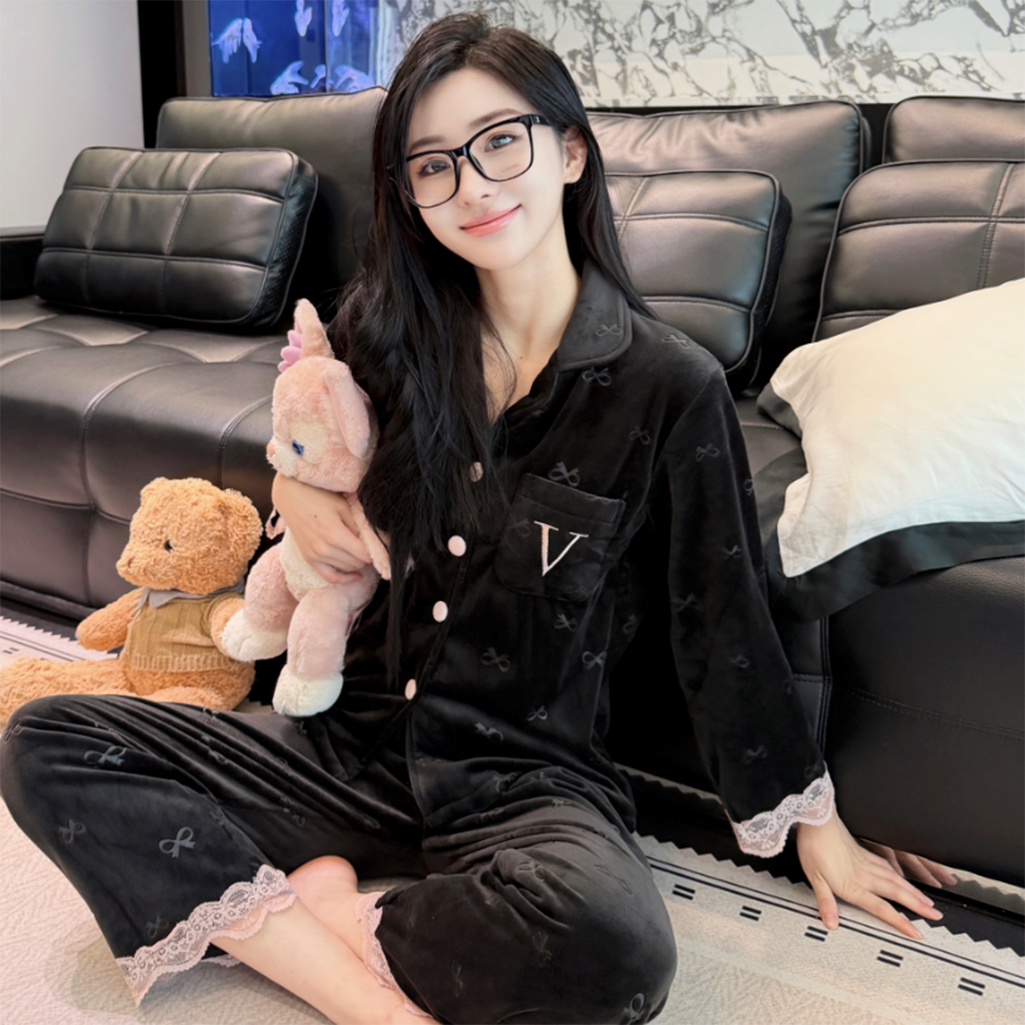 海岛绒女秋冬加绒保暖外穿睡衣