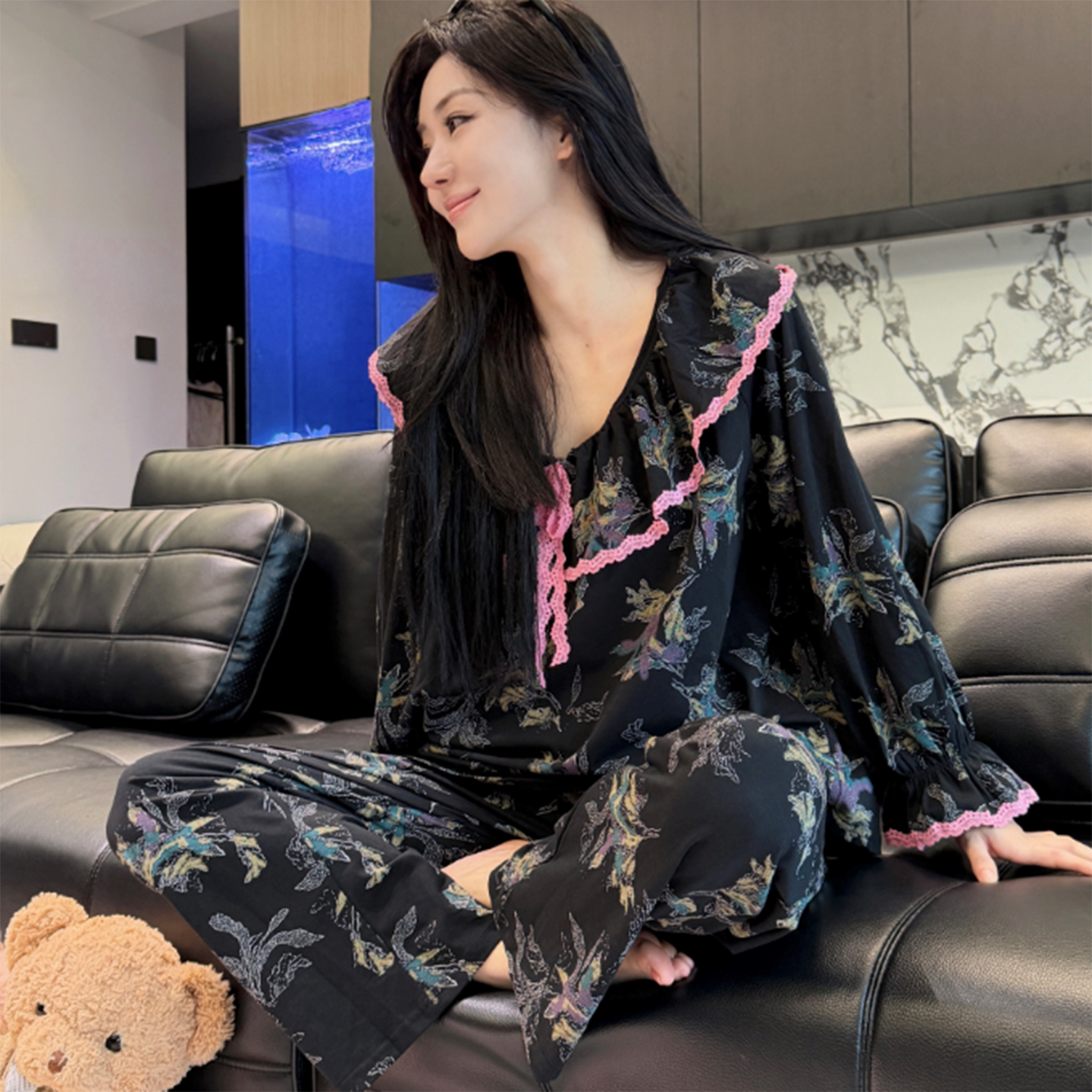 纯棉女长袖系带可外穿睡衣套装