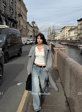 ROY11 蓝色档案 浅蓝色牛仔裤女美式复古宽松显瘦低腰直筒阔腿裤