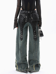 痞帅机车复古休闲阔腿牛仔裤 ROY11小众设计感PU皮拼接工装 直筒裤