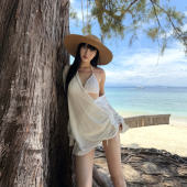 衬衫 ROY11 ins海边沙滩度假防晒长袖 纯欲风挂脖比基尼泳衣三件套