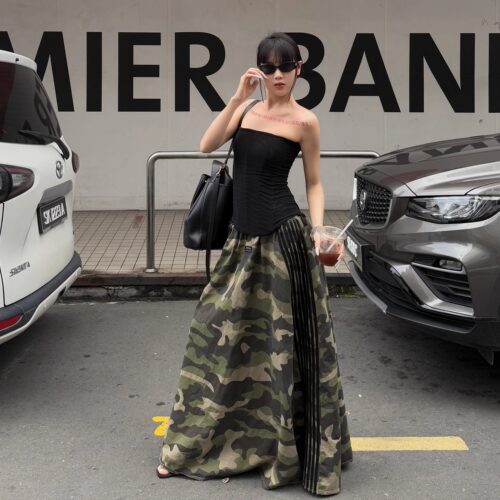 美式复古迷彩网纱松紧半身裙