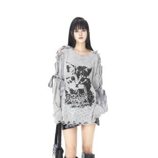 上衣女 宽松蝴蝶设计复古长袖 ROY11早秋慵懒感破洞镂空针织衫 罩衫