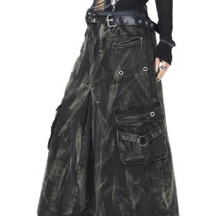 ROY11重磅小众金属大口袋牛仔半身裙扎染早秋美式 辣妹显瘦中长裙