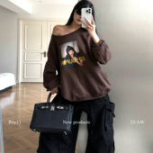 ROY11 T恤 高街斜肩人像卫衣女秋慵懒宽松设计感长袖 时髦公式 美式