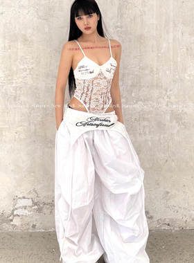 ROY11 时髦IG博主 白色叠穿绑带阔腿休闲裤女美式街头宽松拖地裤