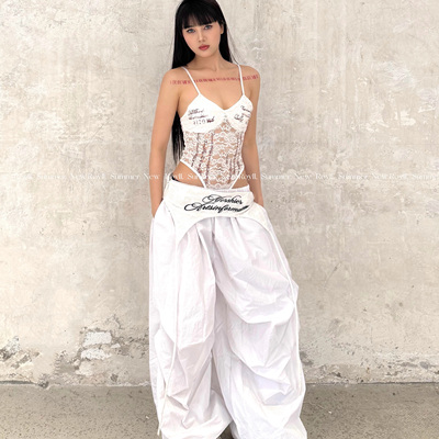 美式白色叠穿绑带阔腿休闲裤女