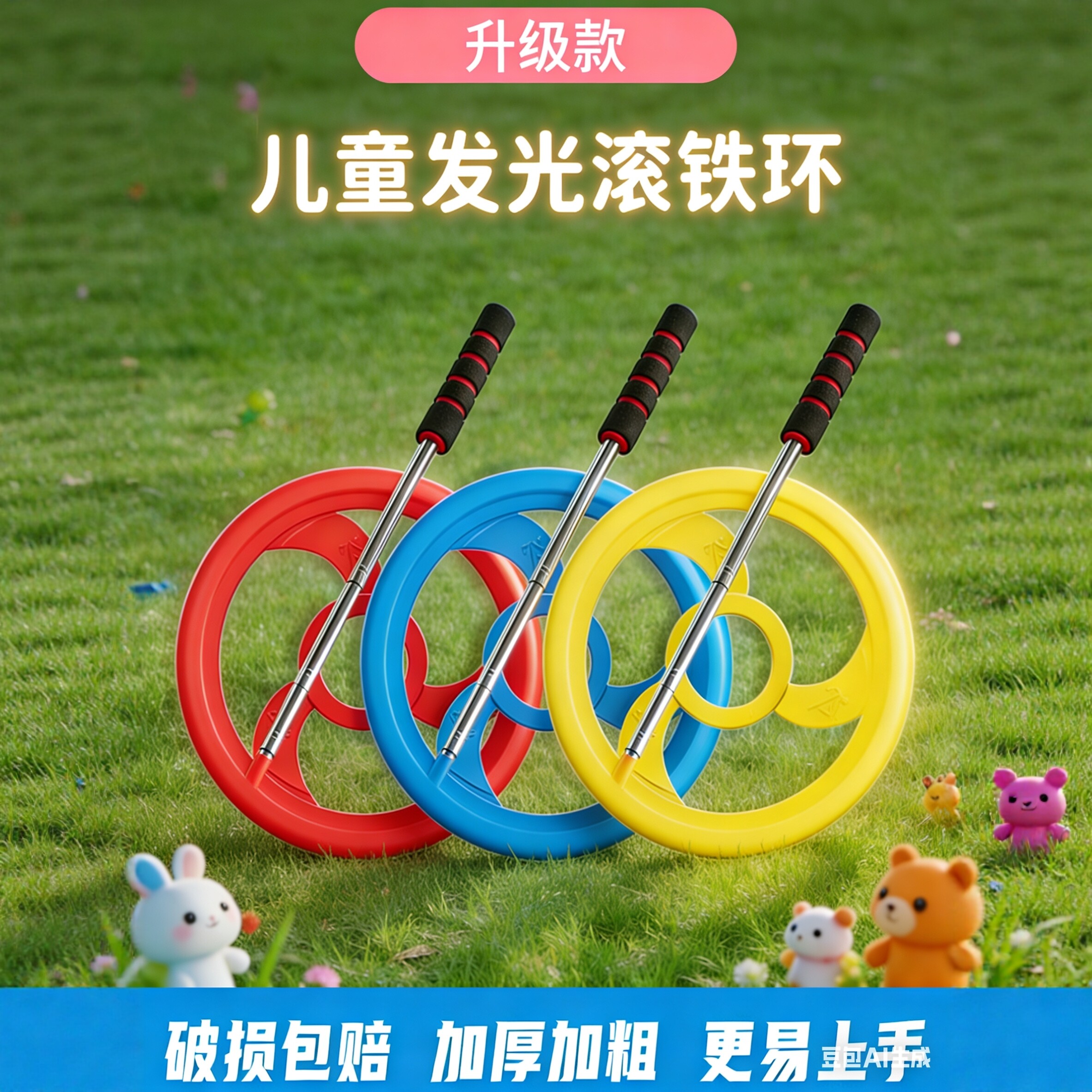 滚铁环滚铁圈小学生幼儿园推扁铁环圈大号成人怀旧玩具儿童风火轮