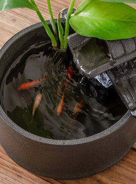 微小圆型禅意陶瓷桌面金鱼缸循环流水器生财加湿摆件瀑布喷泉吐水