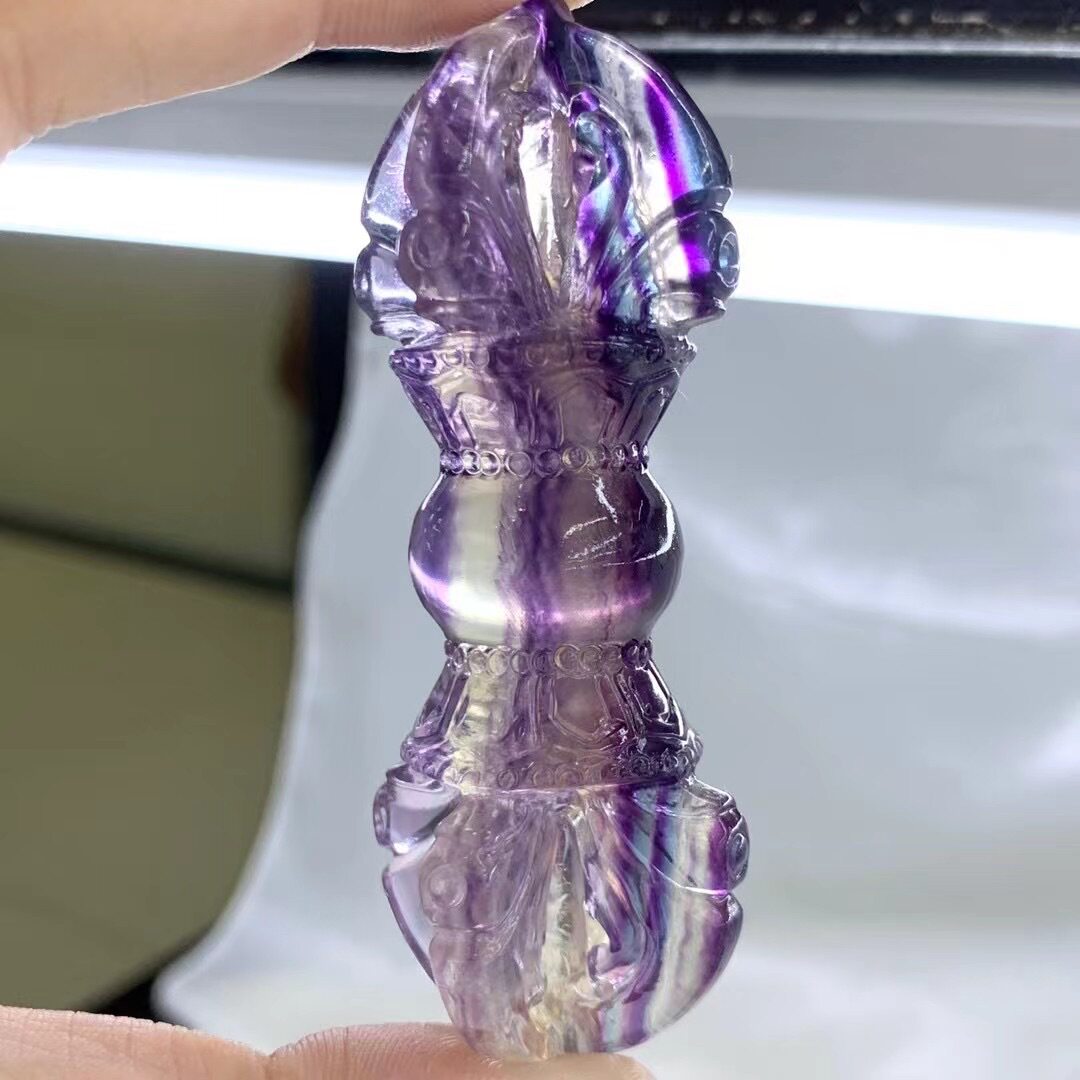 天然水晶彩萤石金刚杵普巴杵雕刻水晶摆件批发直供
