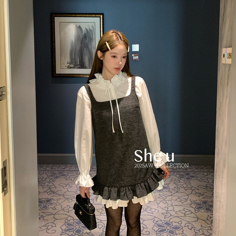 SHE复古千金风荷叶边拼接背心裙