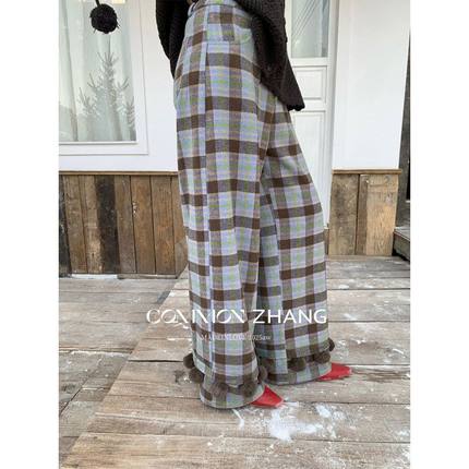 CZ ZHANG秋冬复古格纹印花高腰直筒阔腿裤女毛球拖地休闲裤B41342