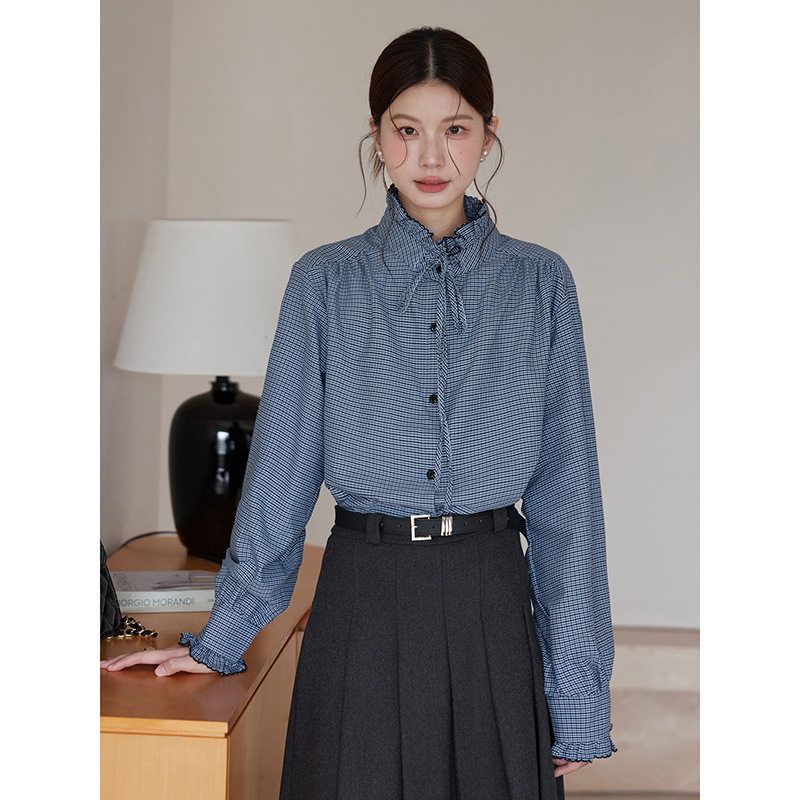 【纳瓦预科生】歌铭韩系通勤格子衬衫秋季新款法式长袖上衣N682C