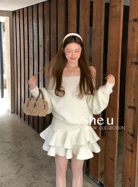 SHE U十三行韩系甜美风斜肩毛衣+荷叶松紧腰半裙2025秋冬显瘦套装