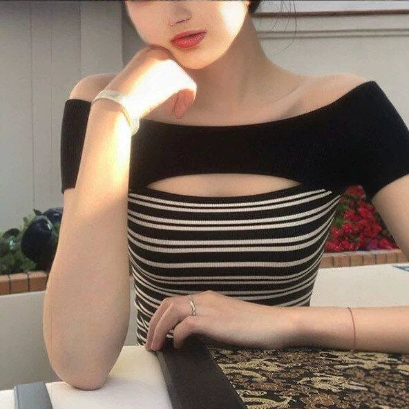 繁可Fanc一字肩黑白条纹上衣女