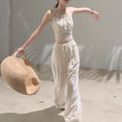 OAKMOO夏季无弹休闲阔腿裤棉高腰
