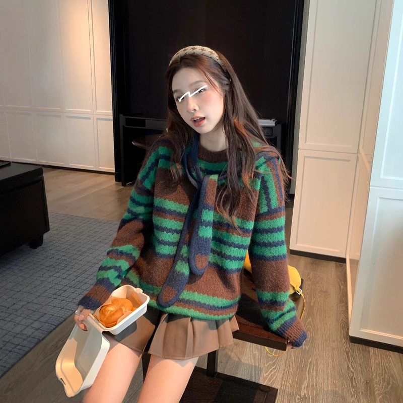 ME KAKAMEE十三行冬韩系慵懒撞色条纹宽松毛衣(配帽子披肩) A3058