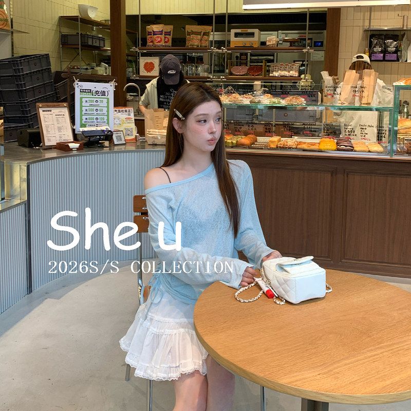 SHEU韩系甜美风斜肩系带T恤女夏