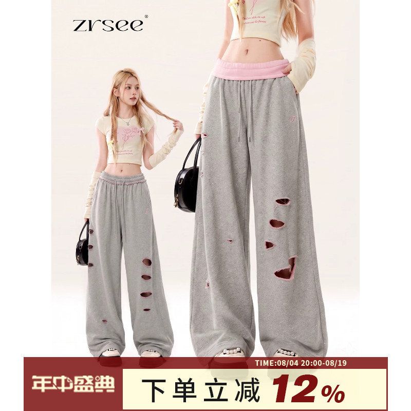 休闲裤女夏季自然涩美式破洞