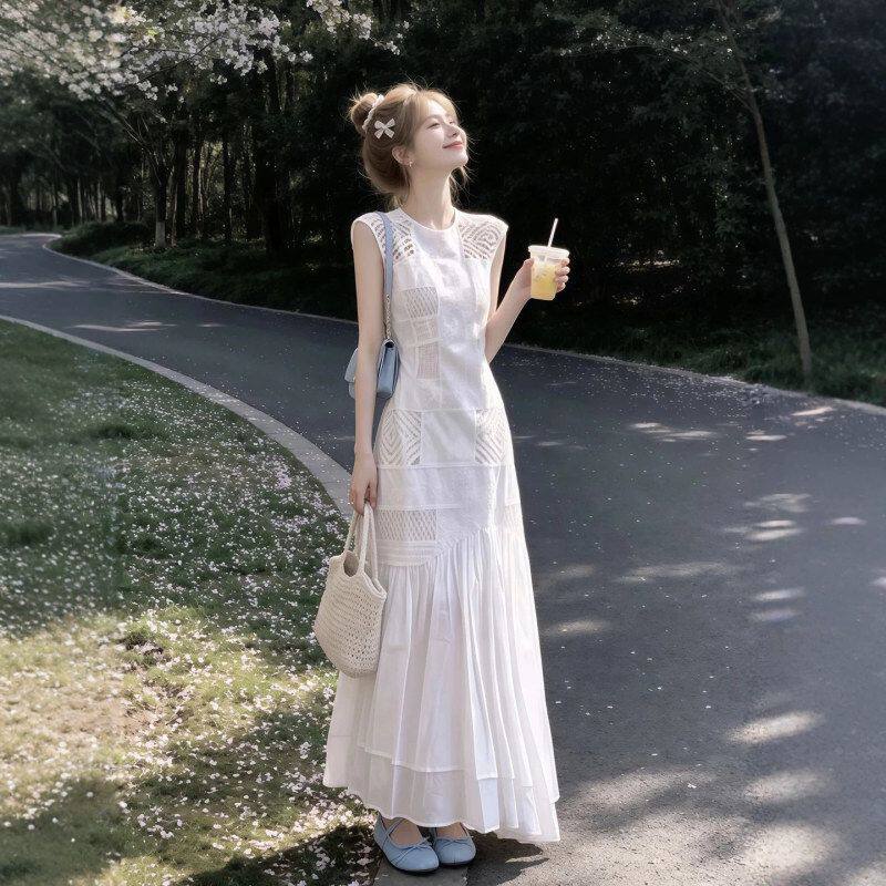 白色背心镂空连衣裙女2026夏季新款法式长裙子巨好看气质显瘦收腰
