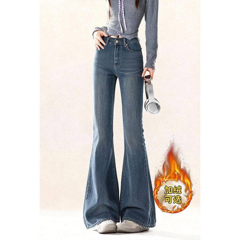 自然涩美式高腰微喇牛仔裤女秋冬季复古垂感加绒加厚阔腿喇叭长裤